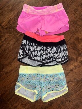 Ivivva Girls' Shorts - Coral Pink & Black/White & yellow abstract - size 6